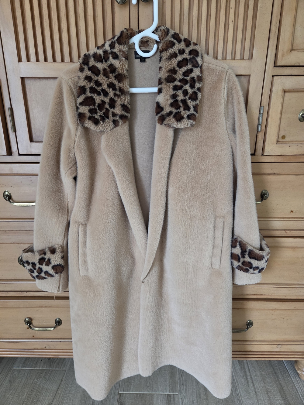 Coco + Carmen Tan Faux Fur Trench Coat with Leopard Trim